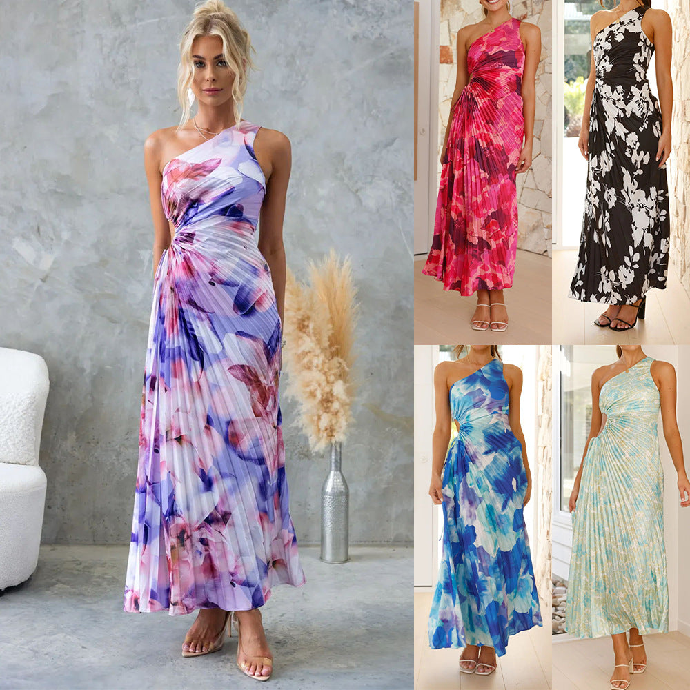 Printed Fashionable Sexy Off-Shoulder Ruched Hollow-Out Dress