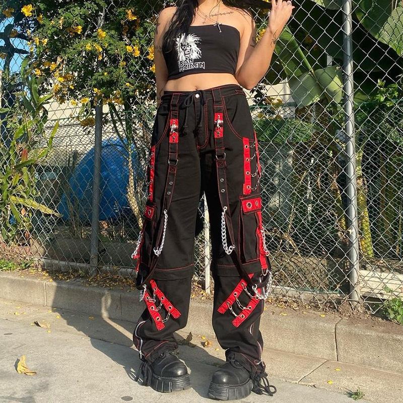 Insnet Street Dark Chain-knap Webbing Hip Hop Løstsiddende Casual Bukser
