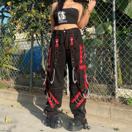 Insnet Street Dark Chain Button Webbing Hip Hop Loose Fitting Casual Trousers