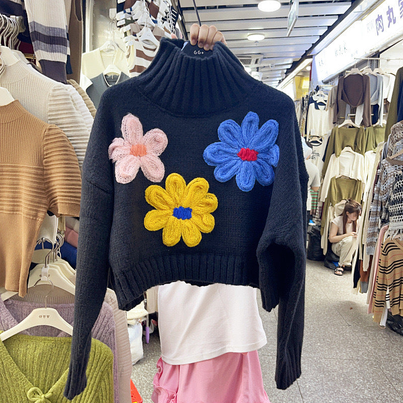 Three-dimensional Flower Temperament High Collar Long-sleeved Sweater