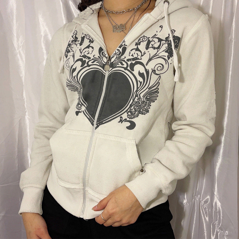 Long Sleeve Hoodie Jacket Heart Zip