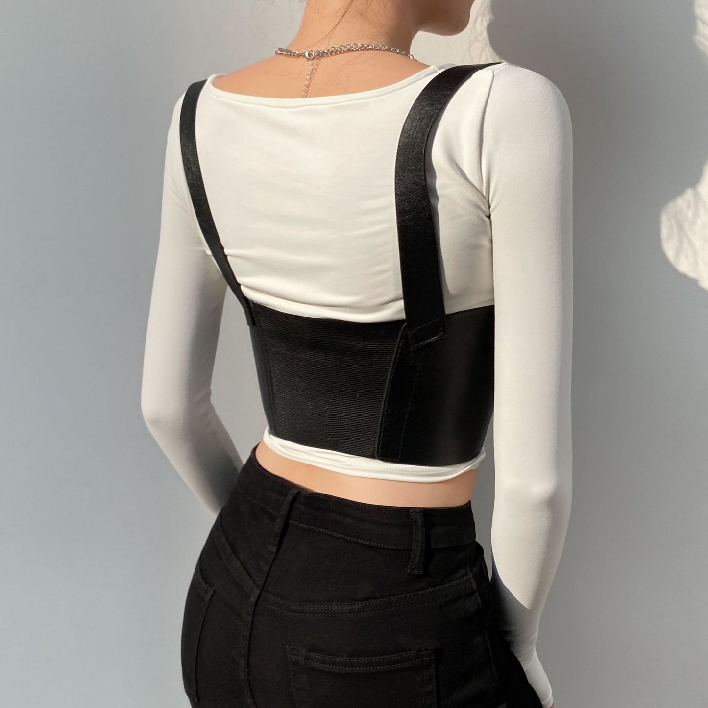 Women's Casual Stitching PU Leather Solid Color Stretch Vest Waist Seal