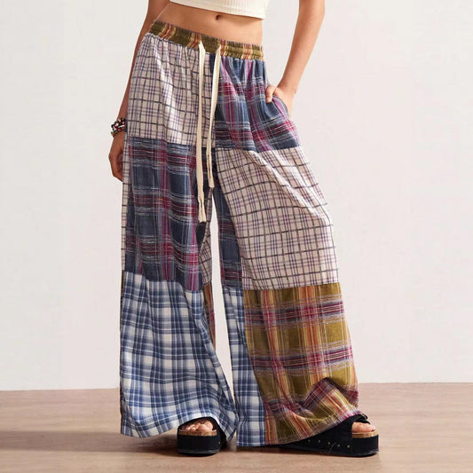 Retro High-waist Drawstring Printed Wide-leg Pants For Women