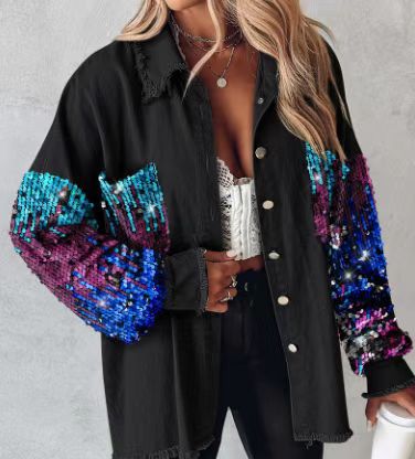 Loose Casual Sequin Denim Tassel Shirt Coat