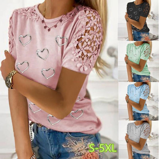 Lace Short-Sleeve Plus-Size Loose T-Shirt With Heart Print