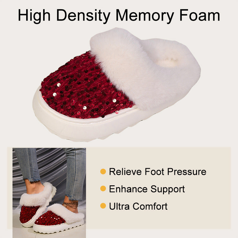 Sequined Large Wool Mouth Plush Toe Cap Cotton Slippers