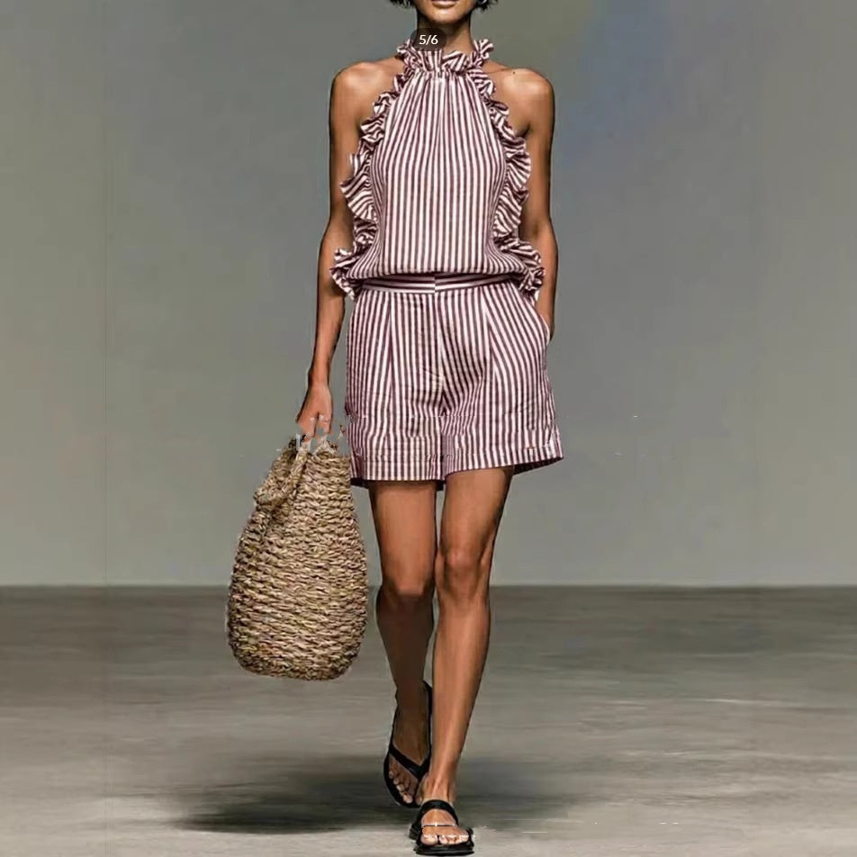 Striped Print Stand Collar Sleeveless Loose Top And Shorts Set