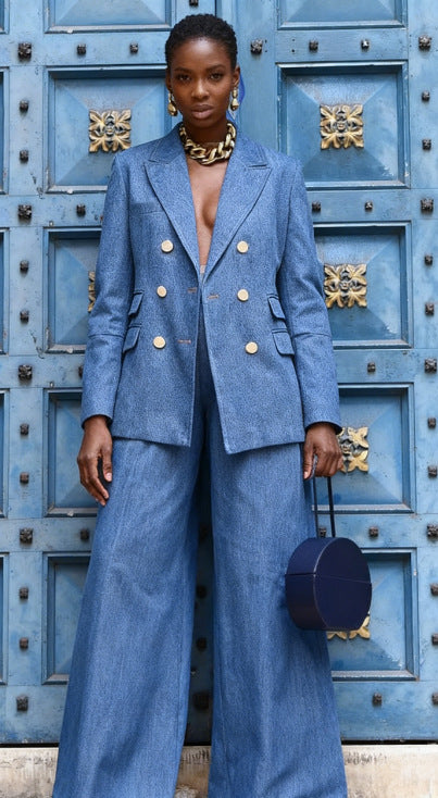 Womens Solid-Color Metal-Button Fashion Suit Pants Set