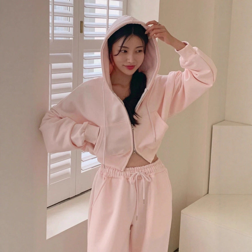 Hooded Solid Color Sweatsuit With Drawstring