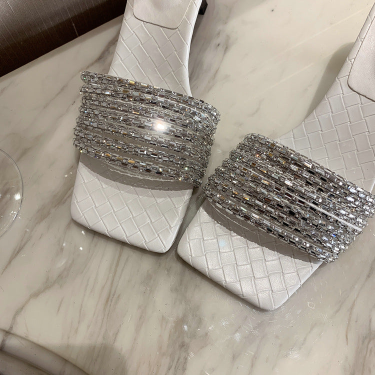 Korean Style Flip Flops Rhinestone Slippers Woven Pattern Toe Stiletto