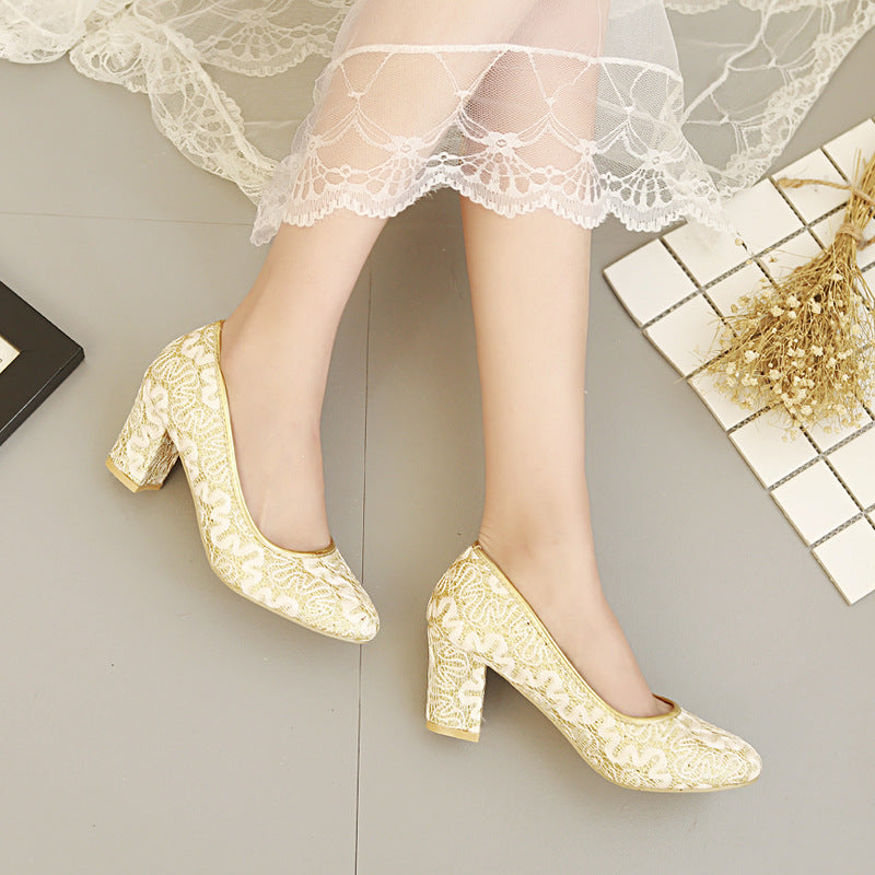 Chinese Lace Cheongsam Low Top Round Toe Chunky High Heels