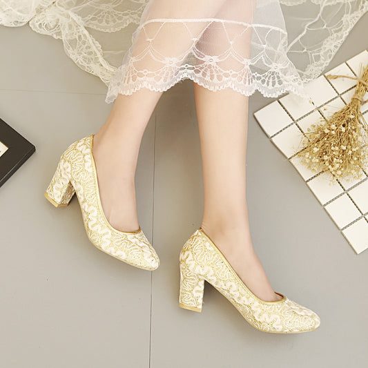 Chinese Lace Cheongsam Low Top Round Toe Chunky High Heels