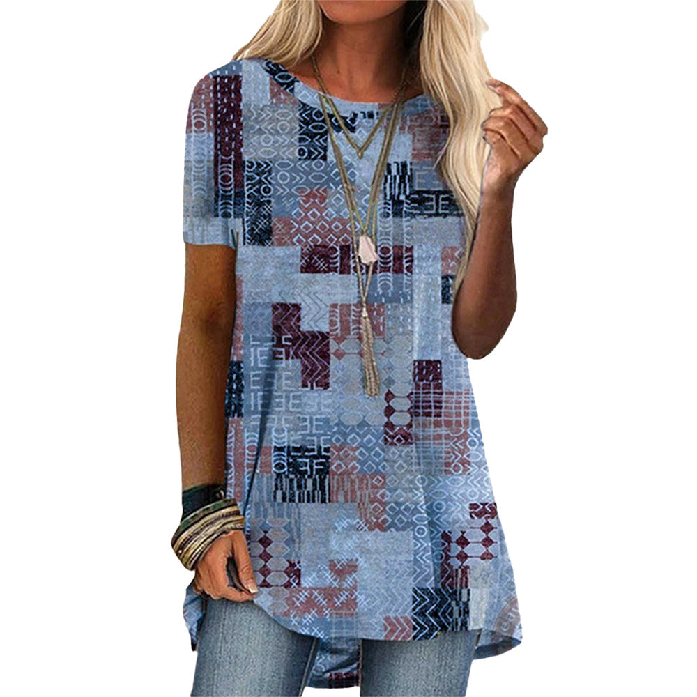 Round Neck Casual Ethnic Vintage Print Short Sleeve T-Shirt