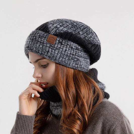 Knitted Hat Suit With Scarf Winter Two-color Hat And Thick Warm Earflaps Wool Scarf 2pcs