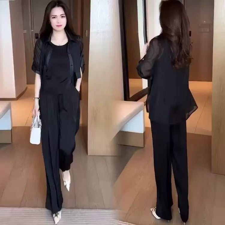 Fashion Women Sun Protection Shirt Wide Leg Pants Casual Three-piece Suit