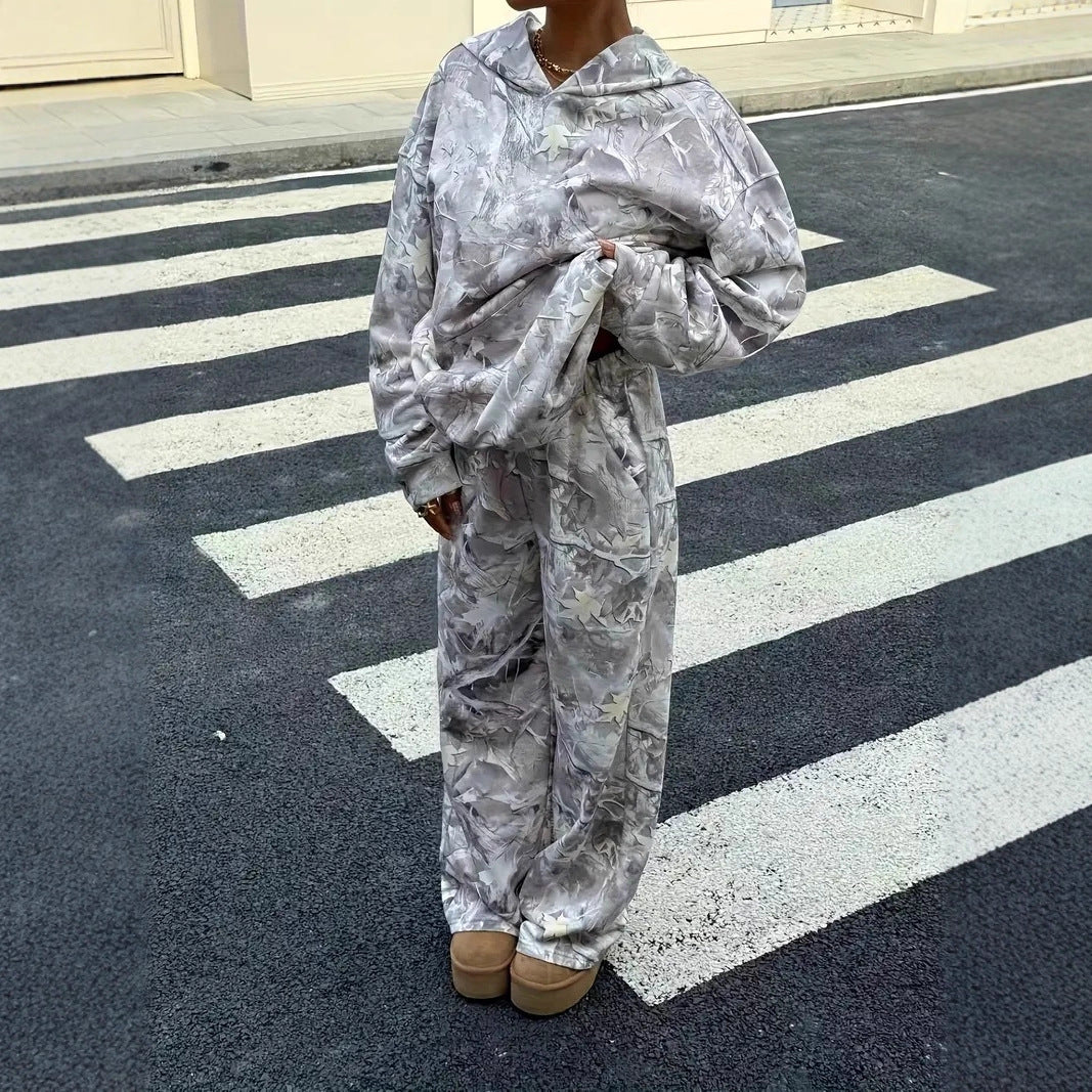 Street Fashion Camouflage Loose Casual Top With Straight-leg Pants