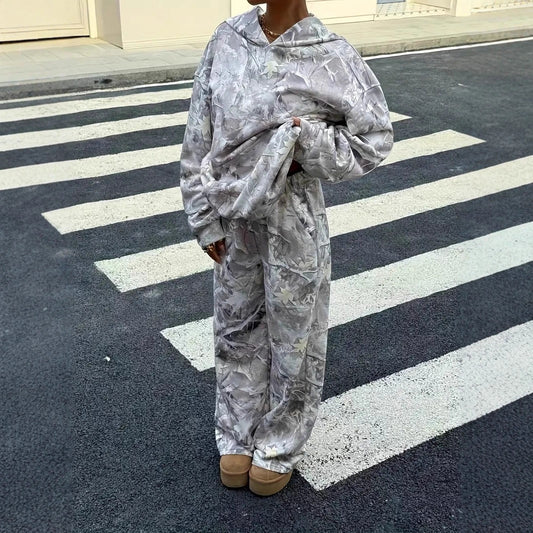 Street Fashion Camouflage Loose Casual Top With Straight-leg Pants