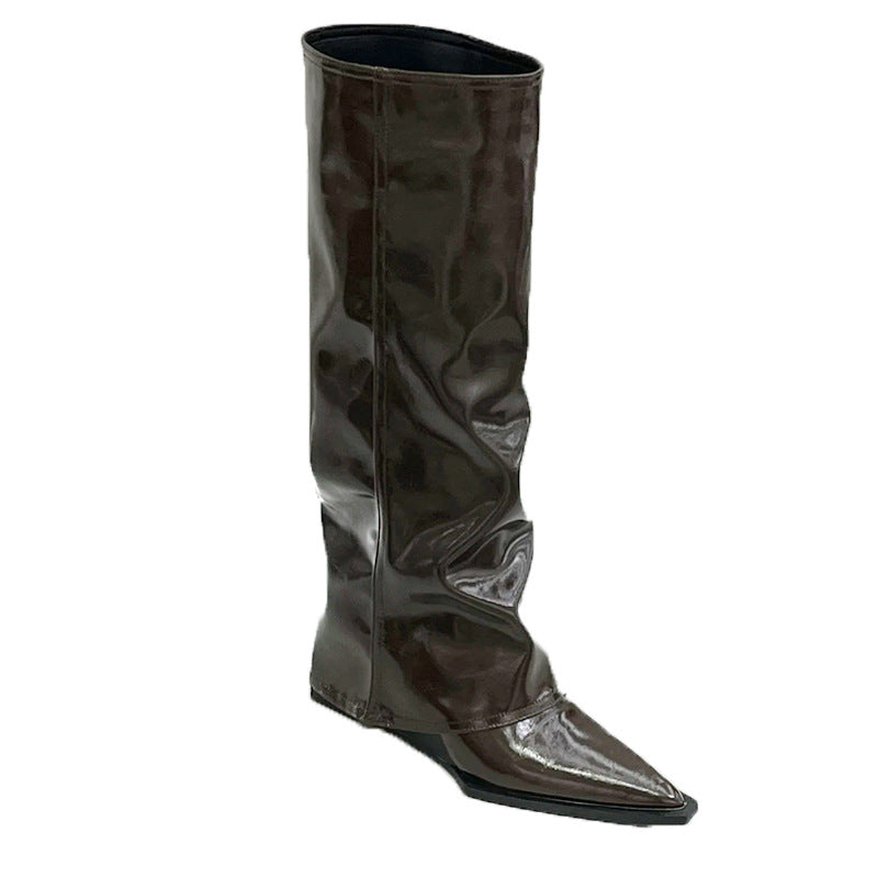 Wedge Pants Boots High Leg Pointed Toe Black Patent Leather Fried Street