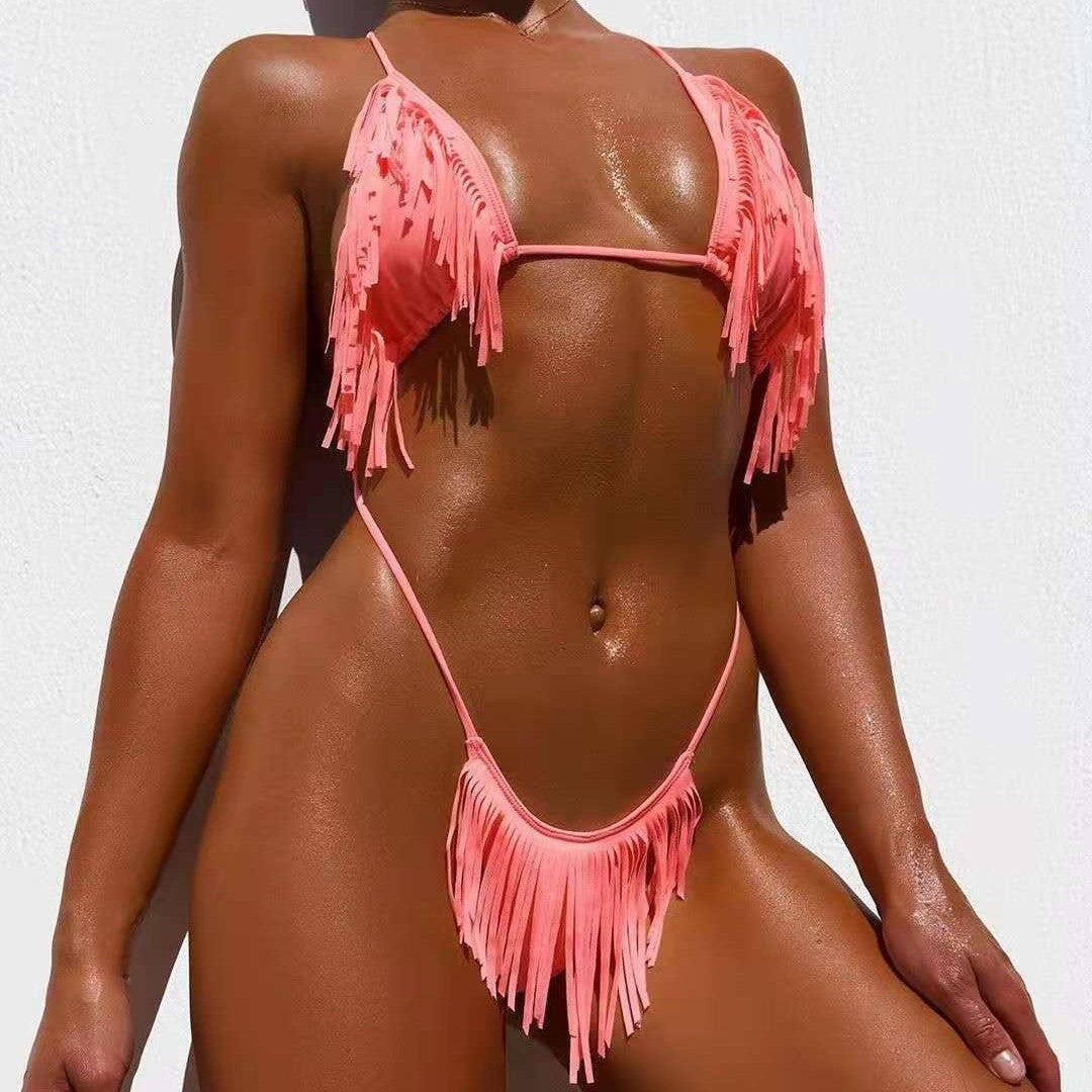 Multi-color Two-piece Sexy Solid-color Fringed-string Womens Bikini Swimsuit