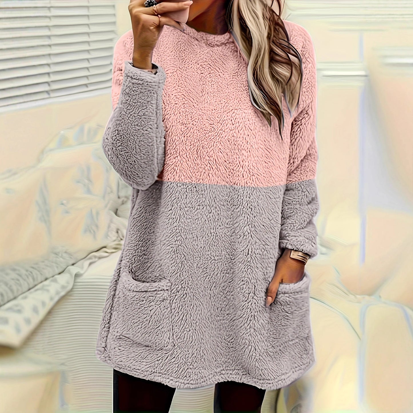 Women's Warm Round-Neck Colorblock Pocket Pullover