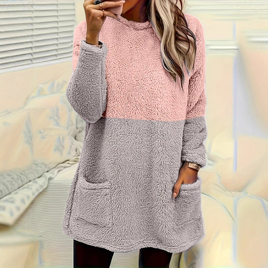 Women's Warm Round-Neck Colorblock Pocket Pullover
