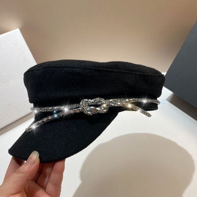 Women's Rhinestone Woolen Navy Hat