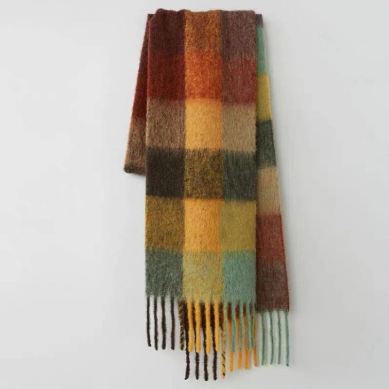 Womens Warm Rainbow-Plaid Faux Cashmere Scarf