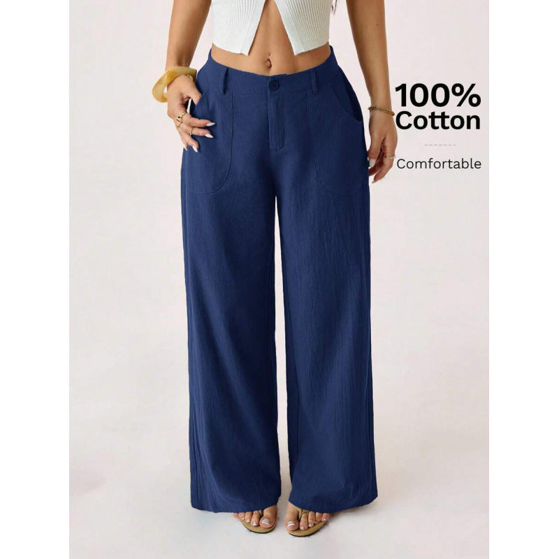 New Cotton-linen Womens Mid-rise Casual Commuter Wide-leg Pants