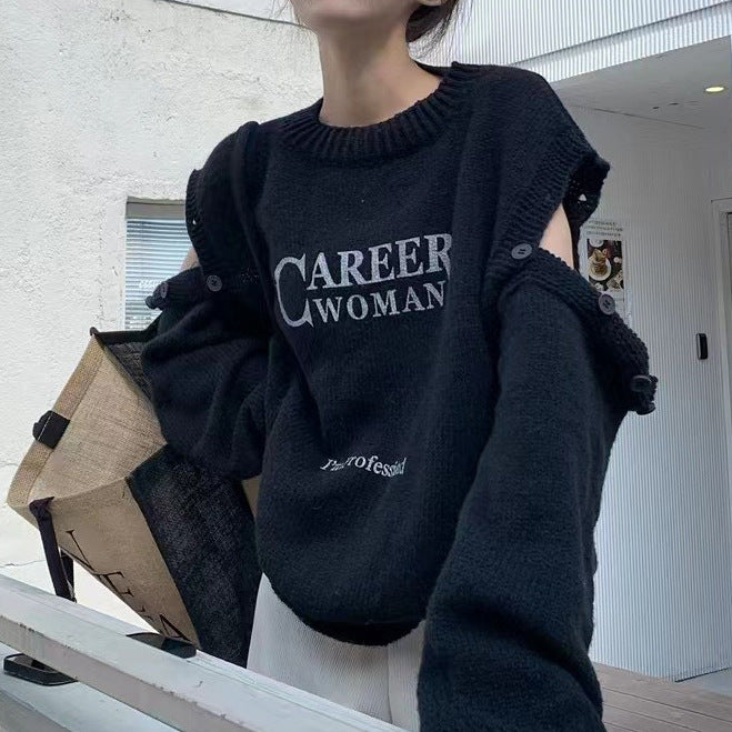 New Off-the-shoulder Letter Splicing Fashion Long Sleeve Knitted Women's Clothing