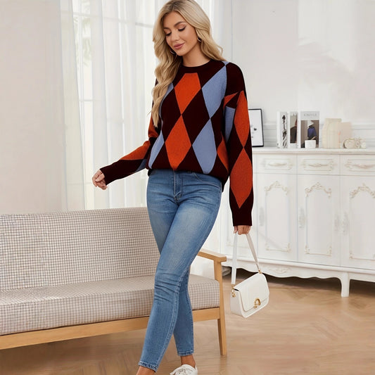 Comfortable And Warm Diamond Pattern Color Block Round Neck Long Sleeve