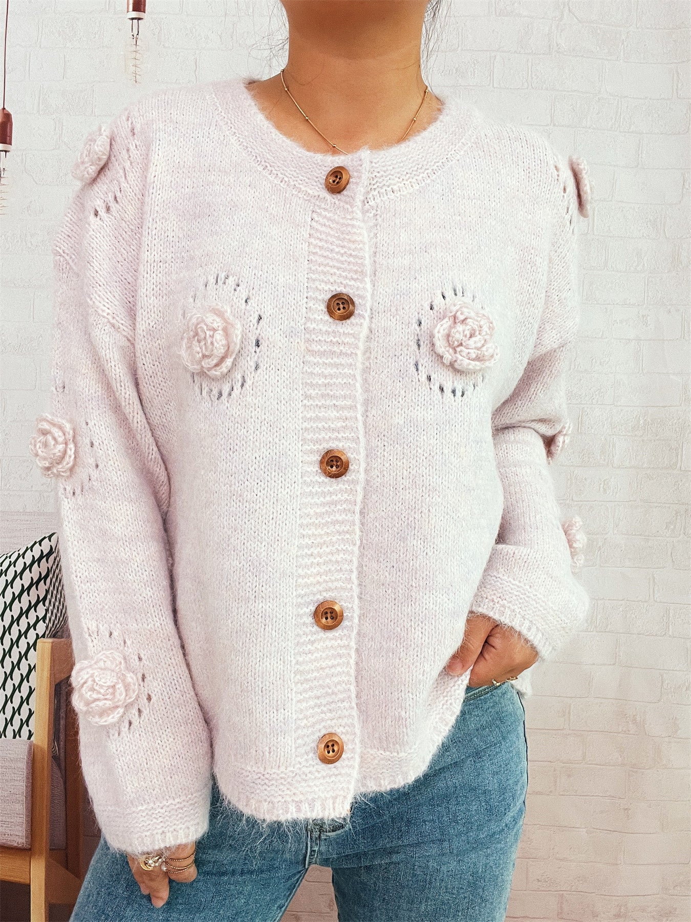 Three-dimensional Flower Cutout Knitted Coat Round Neck Cute Sweater