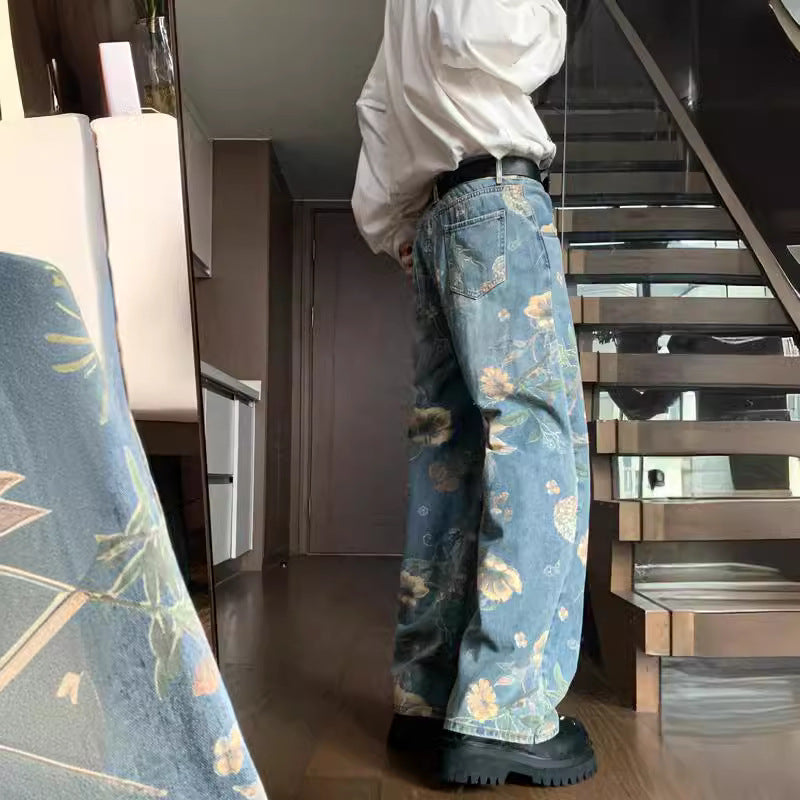 Men's Printed Floral Wide-leg Washed Jeans Mid-waist Straight Pants