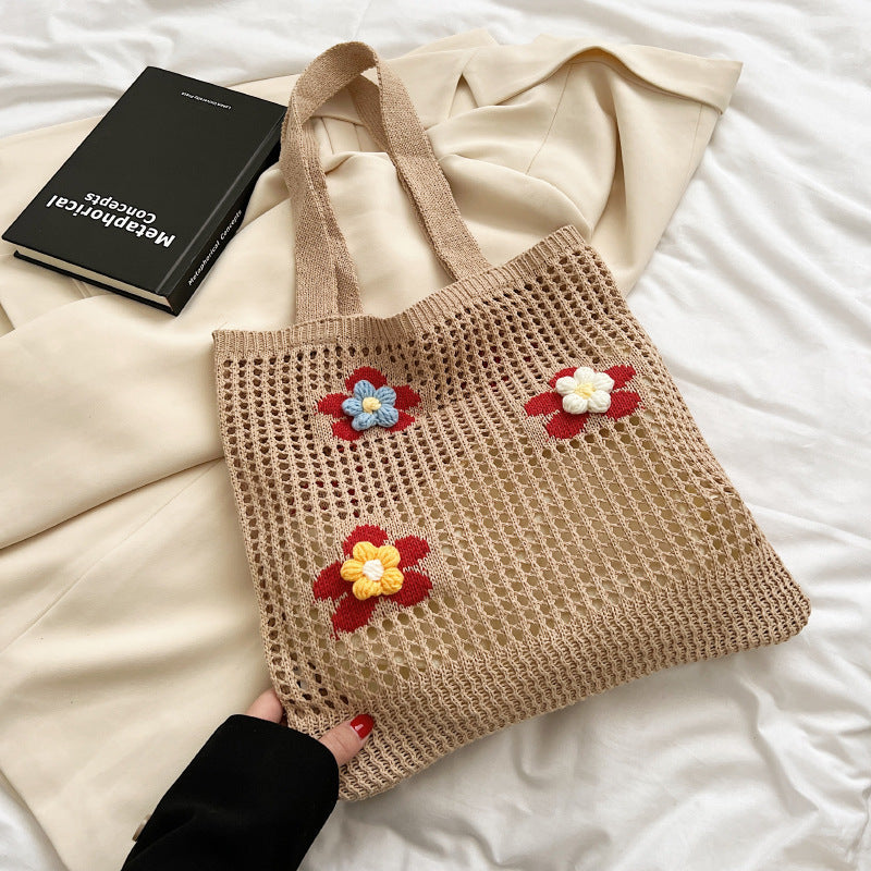 Hollow Knitted Bag Westernized Flower One Shoulder Handbag