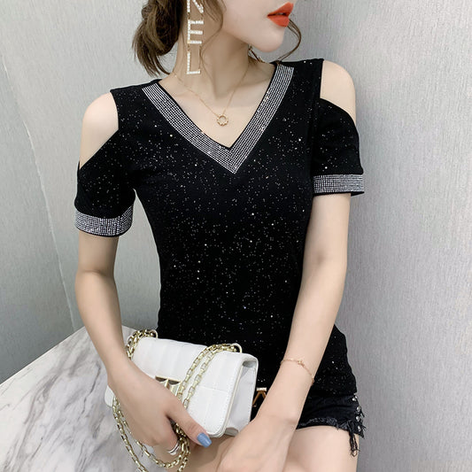 T-shirt sexy off shoulder shiny v-neck diamond