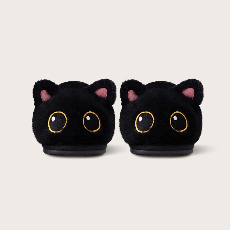 Little Black Cat Floor Cotton Slippers Fleece Lining For Extra Warmth