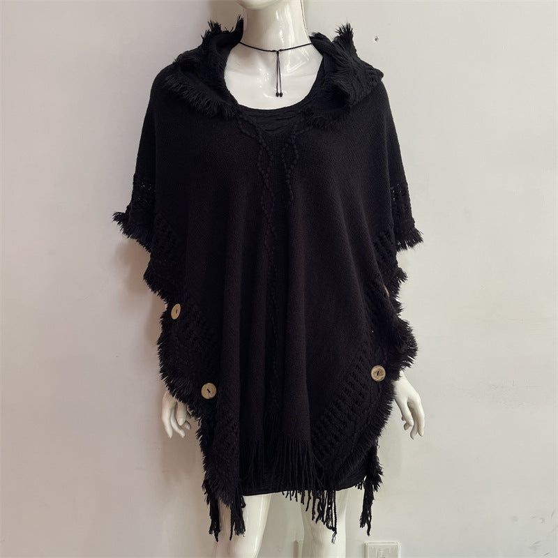 Autumn And Winter European And American Plus Size Hooded Pullover Sweater Tassel Batwing Shirt