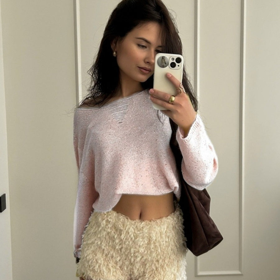 V-neck Long Sleeve Thin Loose Top Elegant Atmosphere Blouse
