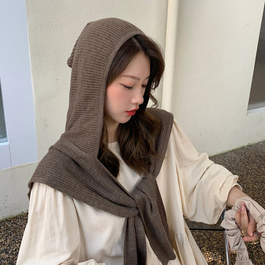 Women's Autumn Winter Wool Straight Stripe Hooded Shawl