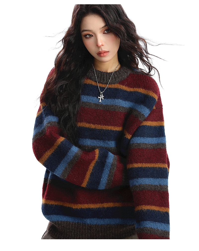 Women's American-style Contrast Striped Round Neck Sweater Autumn