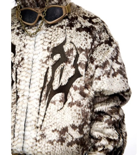 Totem-embroidered Snake-pattern Feathered Eco-friendly Faux Fur Coat