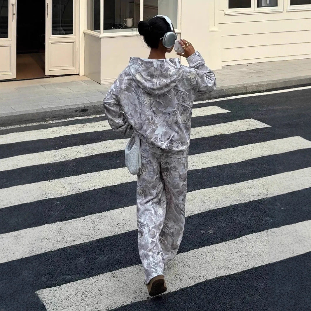 Street Fashion Camouflage Loose Casual Top With Straight-leg Pants