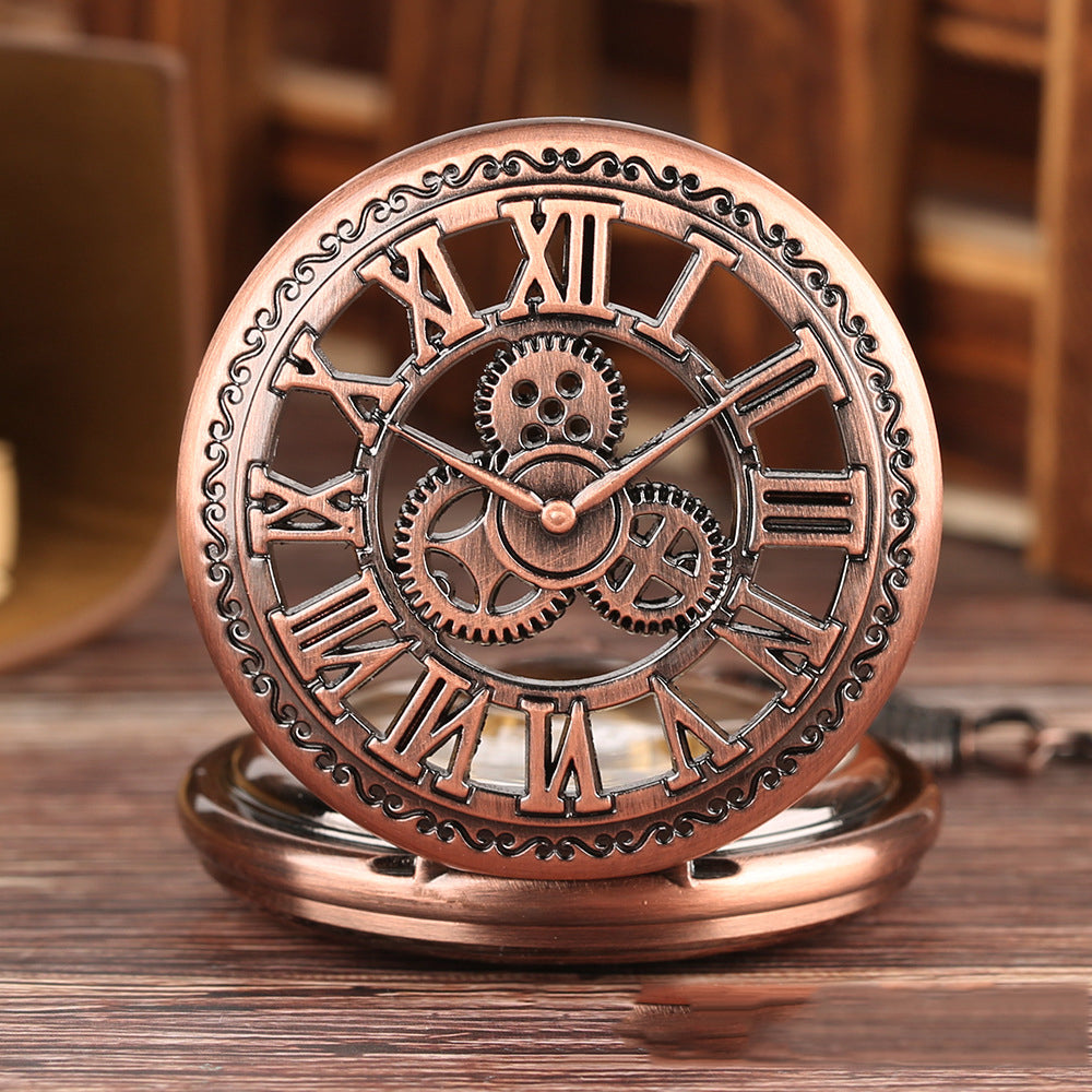 New Retro Flip Hollow Necklace Pocket Watch Red Copper Hollow Gear Roman Face