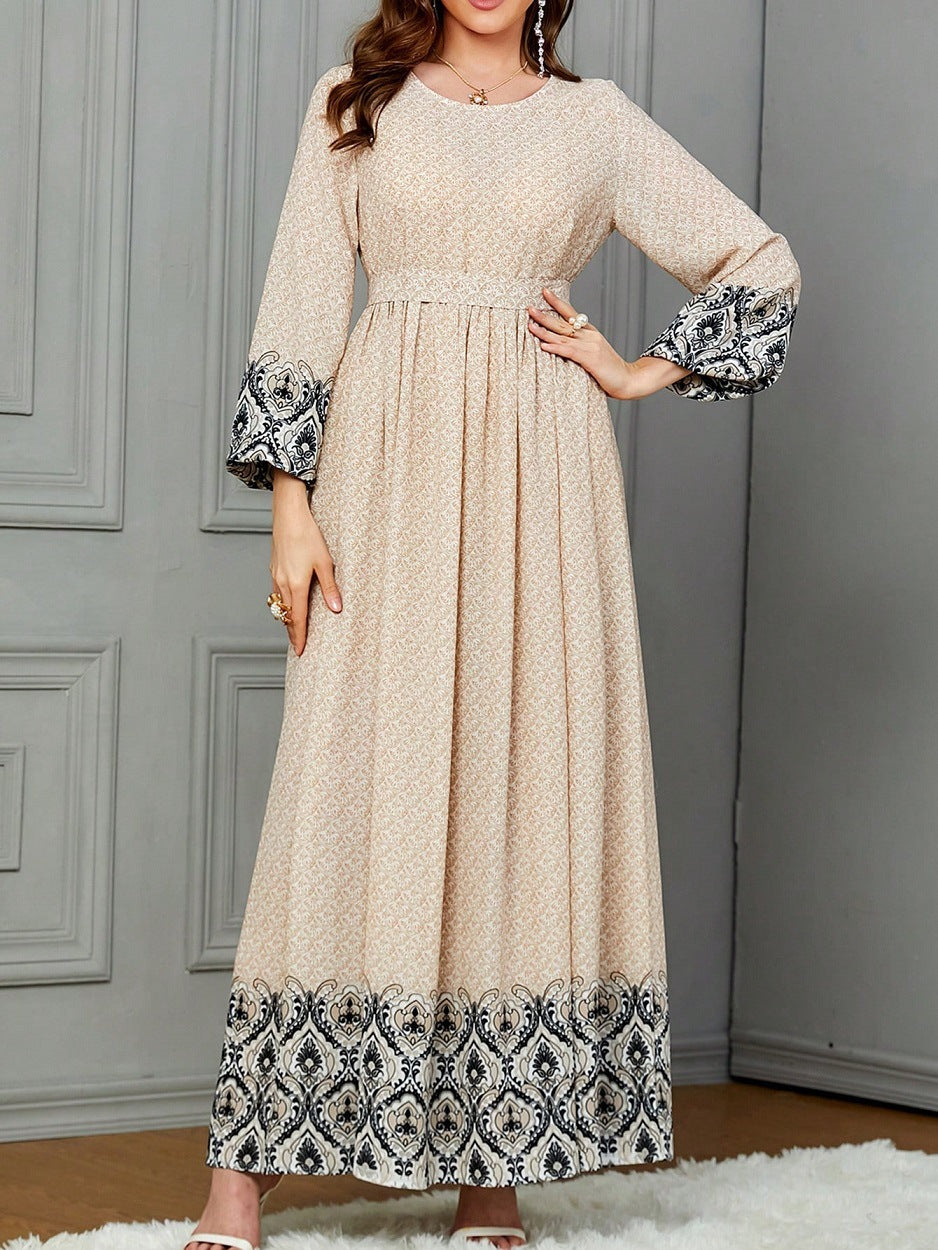Ethnic-style Printed Wrap Dress Featuring A Cinched Waist Belt And A Flared, Long Skirt