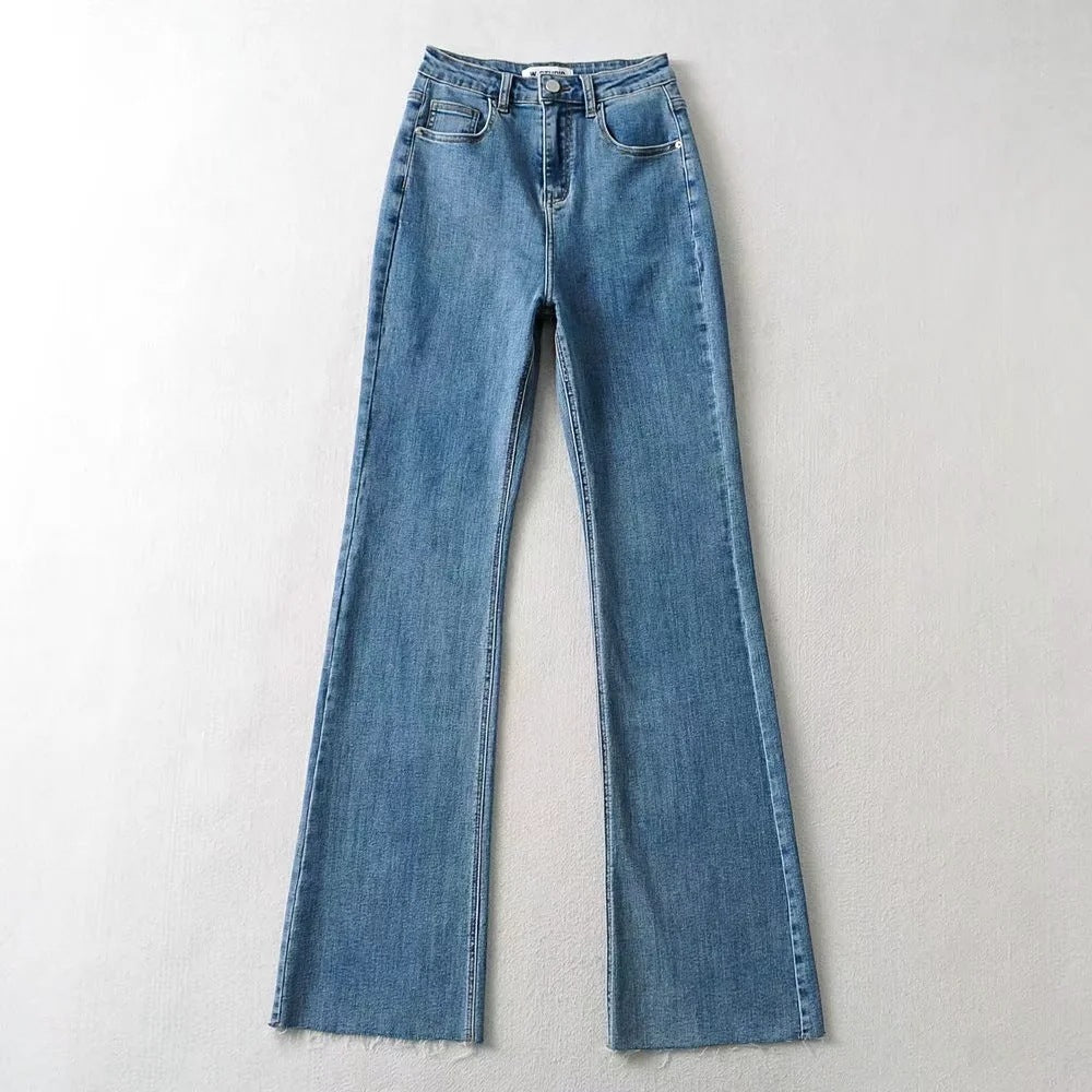 Højtaljede Flared Denim Bukser med Rå Kant Trendy Dametøj