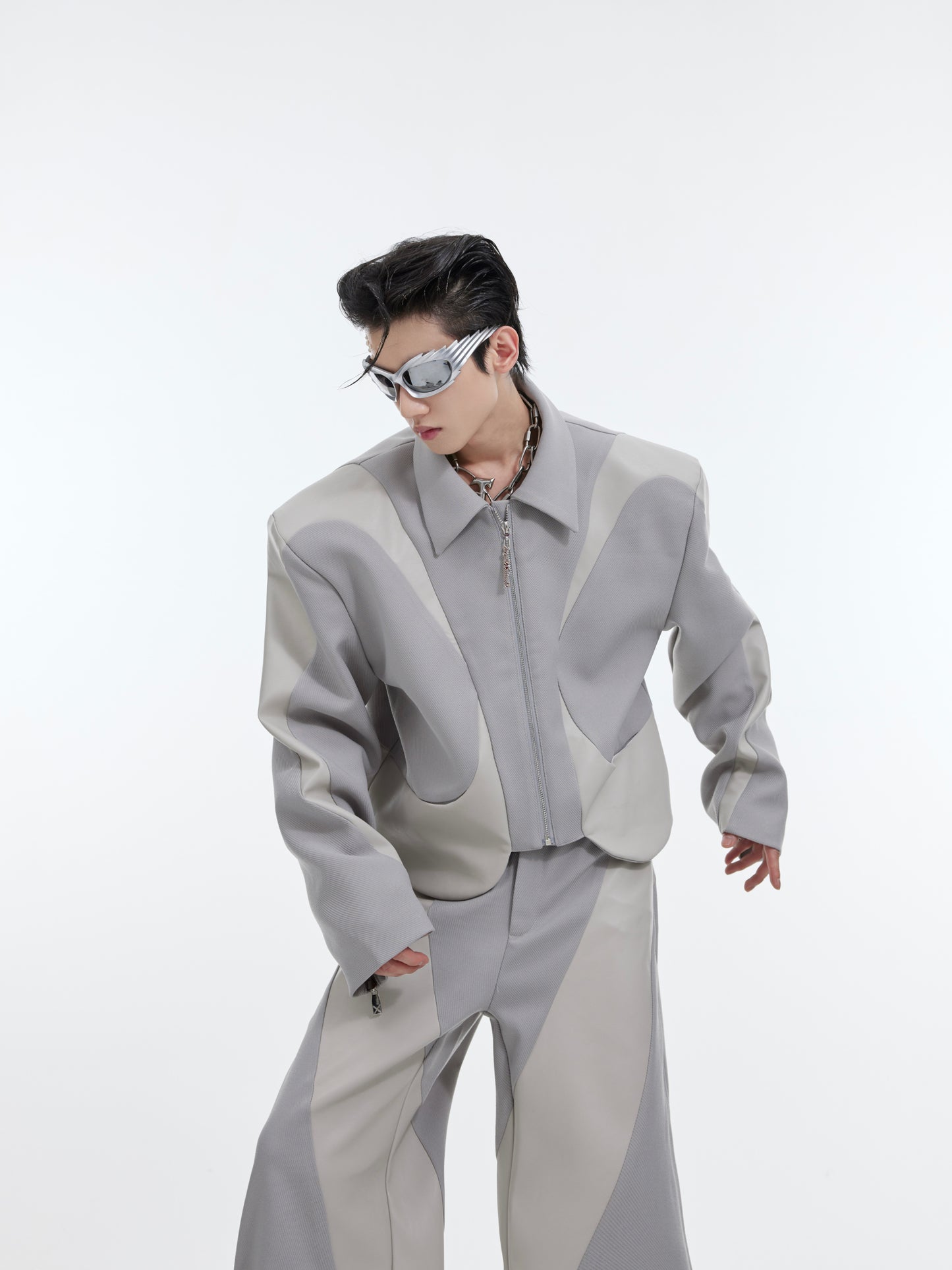 Twill Padded Shoulder Jacket Stitching Leather Coat
