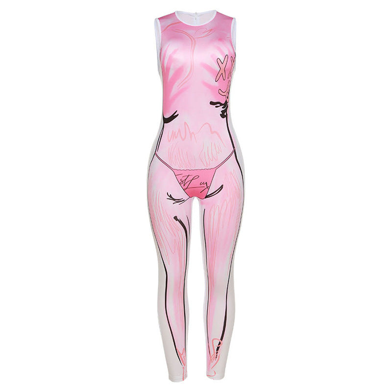 Women's Casual Print Crew Neck Sleeveless Slim Fit Jumpsuit