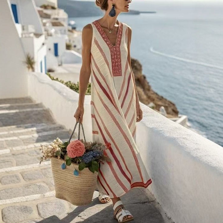 Printed Vacation-Style V-Neck Striped Sleeveless Dress