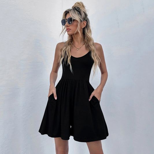 New Waist-cinching Loose Backless Pocket Knit Camisole Romper Shorts