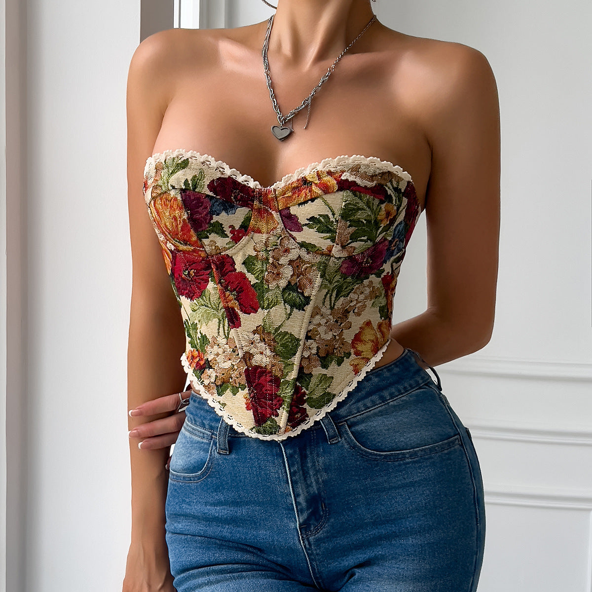 Women's Retro Floral Print Tube Top With Lace-up Front