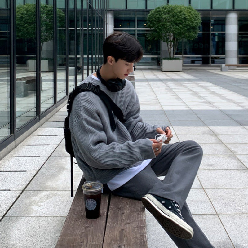 Lazy Style Solid Color Round Neck Long-sleeved Pullover Sweater